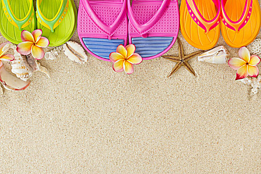 彩色,人字拖鞋,沙子,壳,鸡蛋花