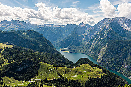 风景,上方,右边,瓦茨曼山,国家公园,贝希特斯加登地区,巴伐利亚,德国,欧洲