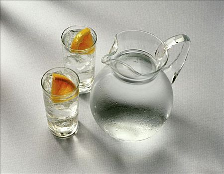 水,水罐,两个,玻璃杯,柚子,楔形