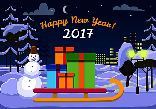 新年快乐,圣诞老人,雪撬,礼盒,室外,雪人,后面,雪橇,靠近,路灯,球座,城市,建筑,背景,雪,地上,矢量,晚间,卡通,风格