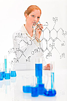 女人,科学家,实验室,书写,化学式,测验,烧杯