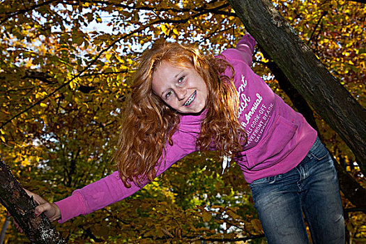 红发,女孩,悬挂,树,秋天,叶子