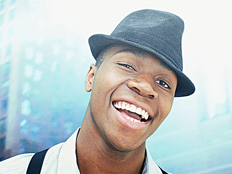 微笑,年轻,男人,戴着,帽子,美国黑人,美洲,友好,城市