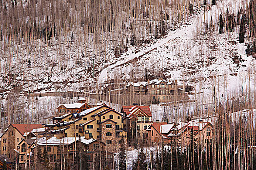 美国,科罗拉多,特柳赖德,俯视图,山村,滑雪区