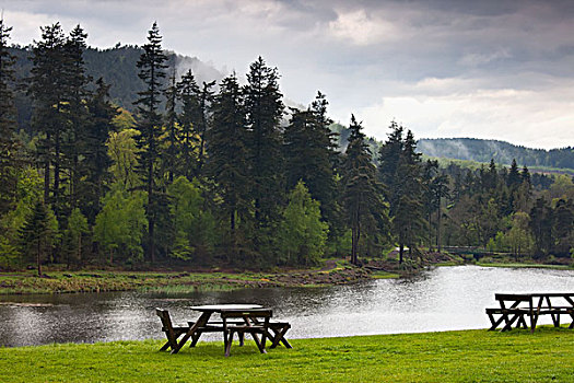 野餐桌,边缘,水,诺森伯兰郡,英格兰