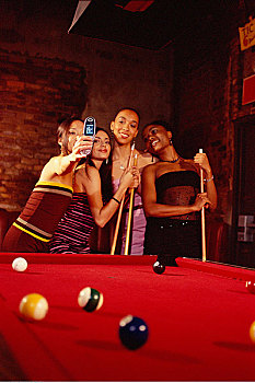女人,玩,台球,照相,拍照手机