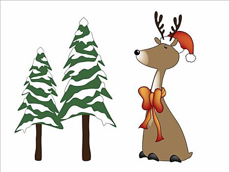 插画,驯鹿,松树,雪,圣诞帽