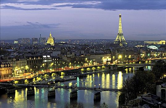 法国,巴黎,夜晚,埃菲尔铁塔,塞纳河,全视图