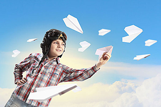 图像,小男孩,飞行员,头盔,玩,纸飞机
