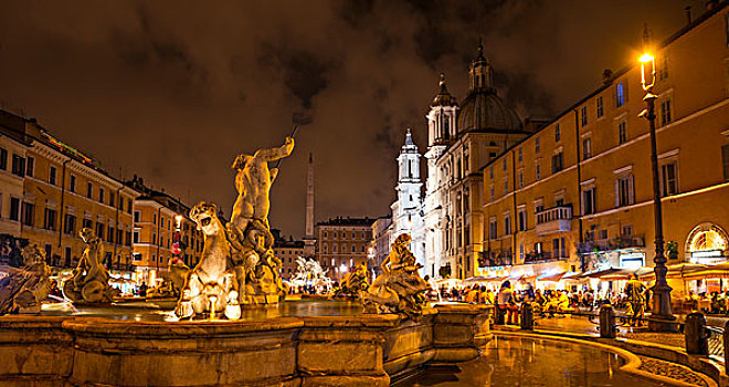 海王星喷泉,纳佛那广场,教堂,罗马,夜晚,拉齐奥,意大利,欧洲