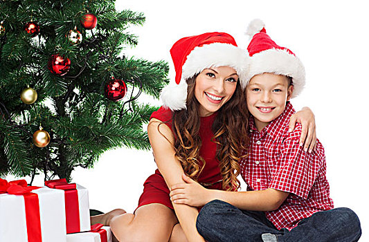休假,礼物,圣诞节,圣诞,概念,高兴,母子,男孩,圣诞老人,帽子,礼盒
