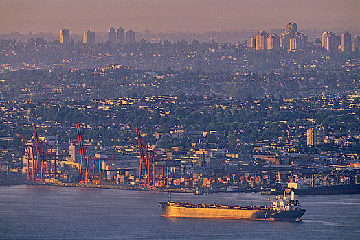 集装箱船,海中,日落,小湾,温哥华,不列颠哥伦比亚省,加拿大