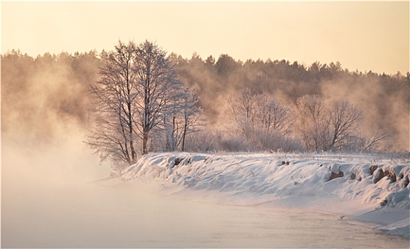 冬天,黎明,雾状,日出,河,晨雾