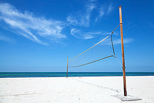 老,球网,沙滩排球,空,海岸