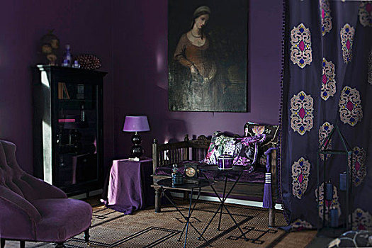 房间,紫色,扶手椅,紫红色,遮盖,老式,长椅,仰视,油画,茄子,墙壁,图案,帘,一个