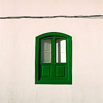 白色,户外,墙壁,绿色,窗户,中心,百叶窗,开着,向内,电,线缆,横图,高处,特盖斯,兰索罗特岛,2007年