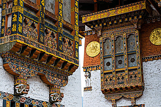 特写,木工,宗派寺院,城堡,普那卡,不丹,亚洲