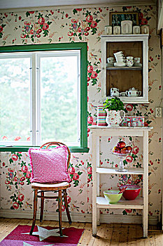 椅子,仰视,窗户,靠近,边桌,柜子,墙壁,花,壁纸