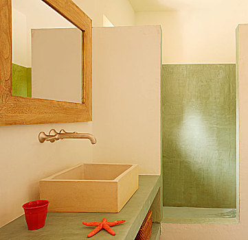 洗,区域,水槽,绿色,水泥,台案,旧式,水龙头,器具,靠近,分开,淋浴,墙壁