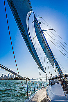 逆光,帆,帆船,悉尼港,中央商务区,悉尼海港大桥,背景,悉尼,新南威尔士,澳大利亚