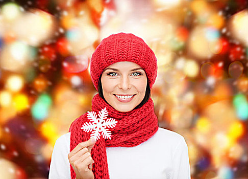 高兴,寒假,圣诞节,人,概念,微笑,少妇,红色,帽子,围巾,连指手套,拿着,雪花,上方,红灯,背景