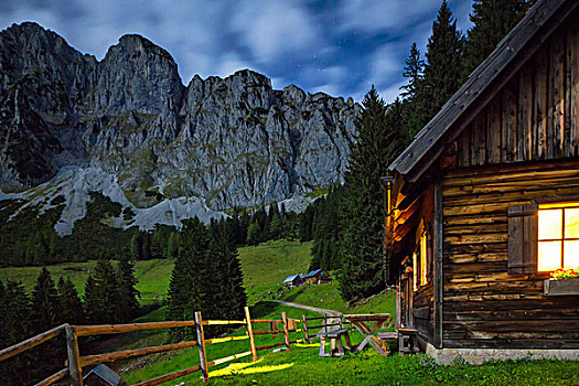 阿尔卑斯小屋,阿尔卑斯山,夜晚,施蒂里亚,奥地利