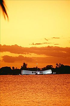 夏威夷,瓦胡岛,珍珠港,全景,亚利桑那,纪念,日落,鲜明,橙色,黄色天空