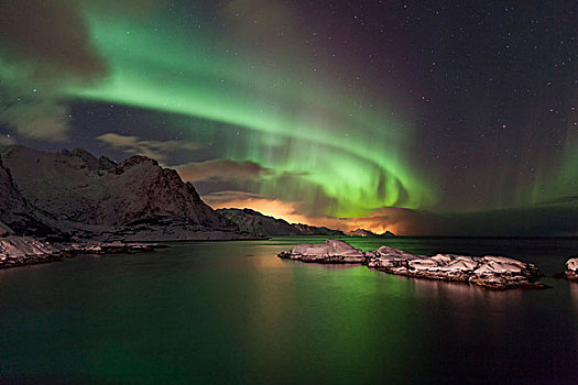 北极光,冬天,上方,地点,罗弗敦群岛,挪威,欧洲