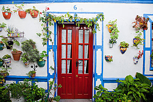 建筑,红色,门,花盆,联结,户外,墙壁,老,城堡,安达卢西亚,西班牙