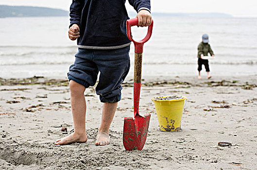 男孩,挖,海滩
