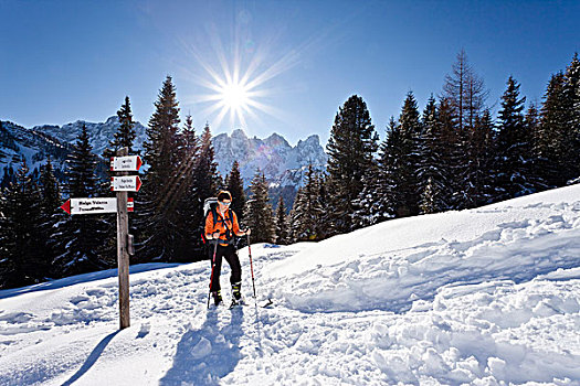 滑雪,远足者,攀登,山,西玛,高处,这里,后面,帕拉,多,白云岩,特兰迪诺,意大利,欧洲