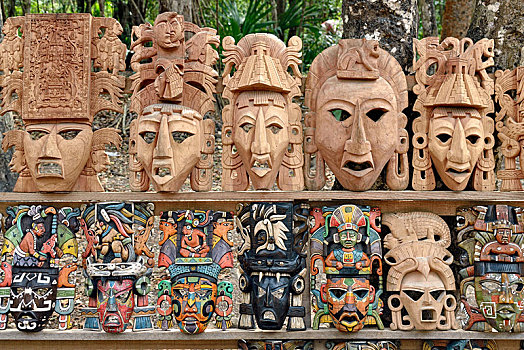 多样,木质,面具,涂绘,摊亭,历史,玛雅,城市,奇琴伊察,滑雪道,尤卡坦半岛,墨西哥,中美洲