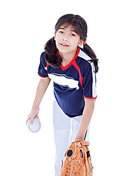 小女孩,垒球,团队,制服,就绪,投掷,球场