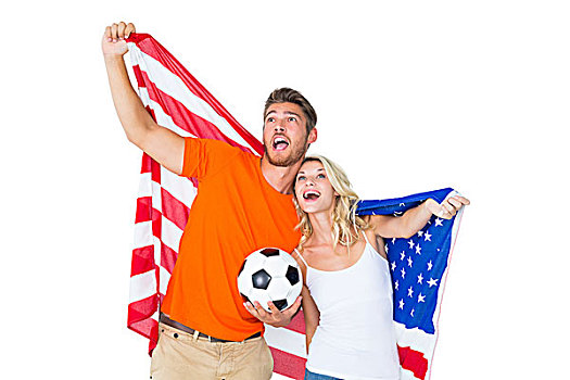 兴奋,球迷,情侣,拿着,美国国旗