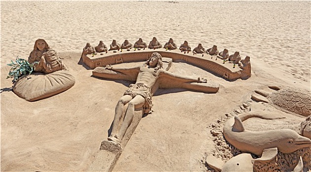 耶稣,雕塑,沙子,海滩