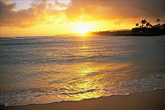 夏威夷,考艾岛,坡伊普,海滩,日落,彩色,闪闪发光,海岸线,海洋,反射