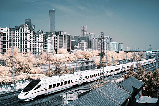红外摄影之北京站进站的高铁