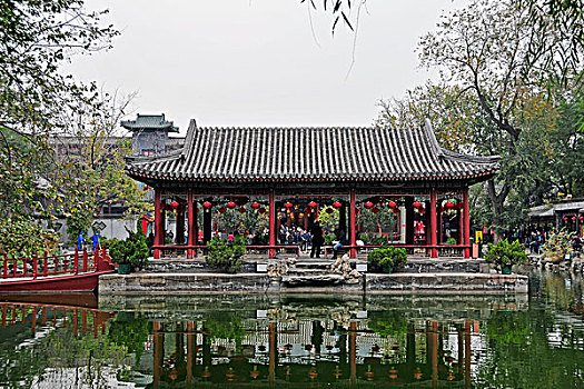 遮盖,建筑,红色,柱子,反射,水塘,北京,中国