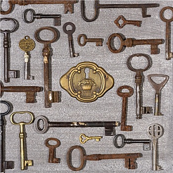 生锈,钥匙,黄铜,锁,木质背景