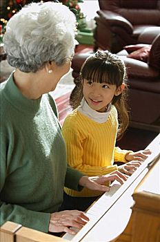 女孩,玩,钢琴,祖母