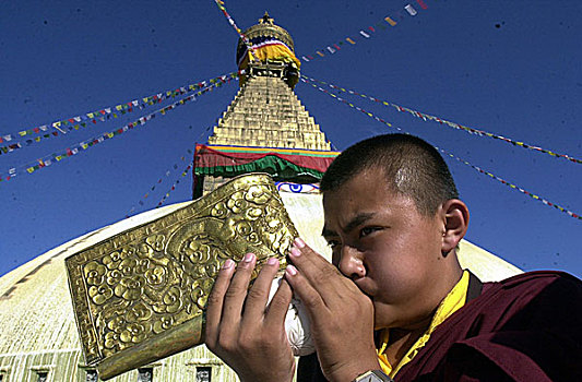 僧侣,玩,宗教,乐器,礼拜,世界,尼泊尔,一月,2006年