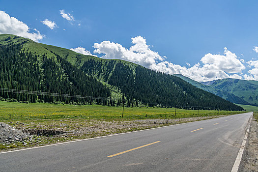 中国新疆夏季蓝天白云下高山森林g217独库公路直行道侧面
