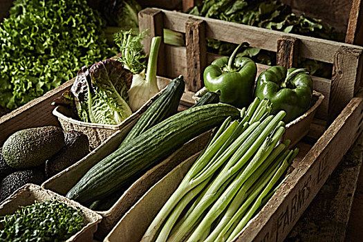 静物,新鲜,有机,健康,绿色食品,丰收,品种,木头,板条箱