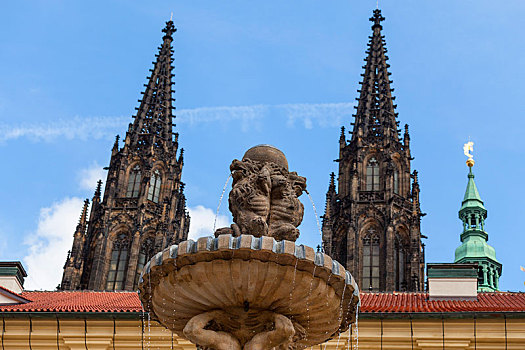 布拉格城堡,拉德肯尼,喷泉,院落,布拉格,捷克共和国
