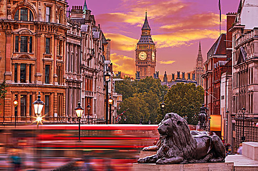 伦敦,特拉法尔加广场,狮子,大本钟,背景