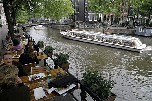 游船,街头咖啡馆,中心,阿姆斯特丹,荷兰,欧洲