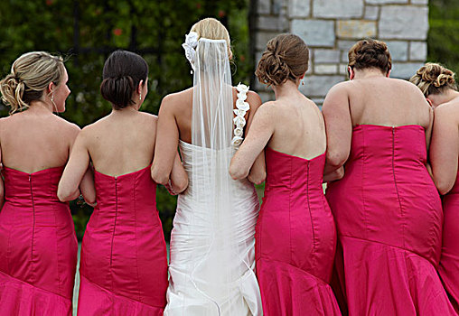 新娘,女孩,粉色,服装,走,一起,背影,手臂