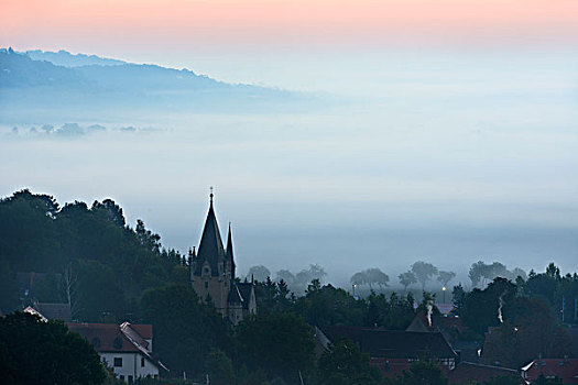 乡村,晨雾,山谷,靠近,萨克森安哈尔特,德国