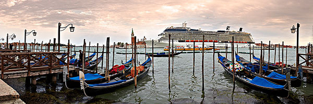 全景图像,小船,正面,游轮,船,威尼斯,意大利,欧洲