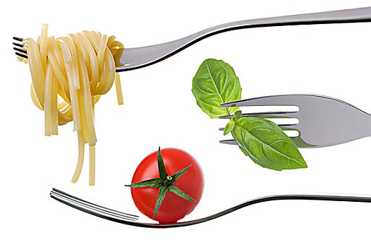 意大利面,罗勒,西红柿,叉子,隔绝
